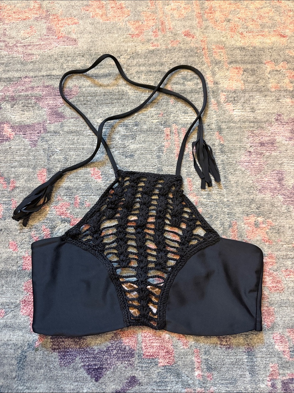 acacia swimwear Black Crochet High-Neck Bikini Top